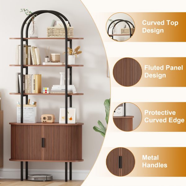 product-fancy-b838fb0e-fdda-45ab-afd5-7f9e8c45d715 71" Tall Fluted Bookshelf | 4-Tier Mid Century Modern Metal Curved Bookcase With Storage Cabinet, Sliding Door, Adjustable Footpad, Freestanding Arched Organizer For Living Room, Bedroom, Home Office | Wood Color, Matte End, Hardwood, Lshuizhu Brand