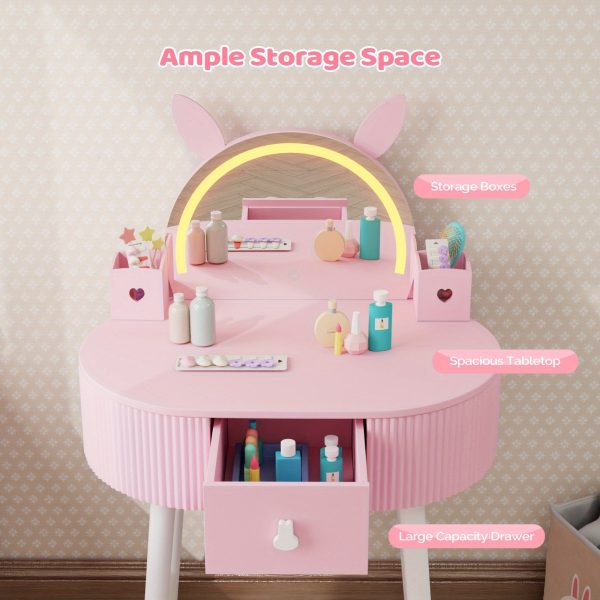 product-fancy-b8550ed2-6095-48be-a60b-93e9ce4ae217 JOYMOR Kids Vanity Set with LED Lights, Girls Vanity Set, with Touch Screen, 3 Colors Adjustment, Solid Wood Leg, Large Drawer, 2 Storage Boxes, Kids Vanity Table and Chair Set, Birthday/Festival Gift for Girls, Animal Style