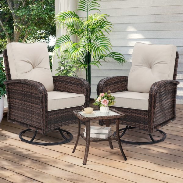 3pcs Patio Furniture Set, Outdoor Swivel Rocking Chairs with Glass Top Table and Thick Cushions for Porch, Deck, Balcony, Poolside, Patio Table And Chairs Set, Outdoor Dining Table And Chairs, Patio Chairs, Outdoor Furniture, Patio Set, Porch Seating, Deck Furniture, Cozy Outdoor Set, Swivel Chair, Garden Furniture Outdoor, Garden Chair, Outdoor Table And Chair Set, Bistro Patio Set, Patio Furniture Set Outdoor, Outdoor Patio Furniture Set, Small Patio Furniture Set, Front Porch Decor