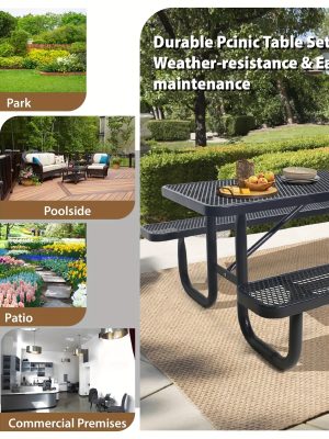 4/6FT Heavy-Duty Metal Picnic Tables For Outdoor, Rectangular Commercial 4-6-Person Picnic Tables With Bench, Expanded Picnic Table And Bench Set, Outside Furniture Set For Yard, Outside, Garden, Backyard, Porch, Patio, Lawn, Black, Weather Resistant