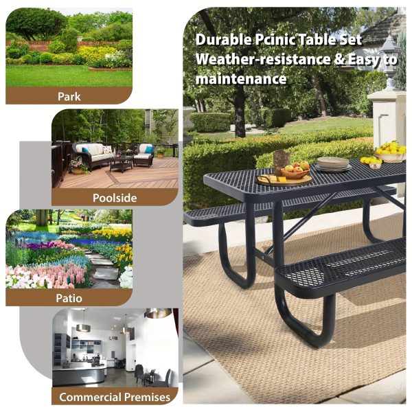 4/6FT Heavy-Duty Metal Picnic Tables For Outdoor, Rectangular Commercial 4-6-Person Picnic Tables With Bench, Expanded Picnic Table And Bench Set, Outside Furniture Set For Yard, Outside, Garden, Backyard, Porch, Patio, Lawn, Black, Weather Resistant