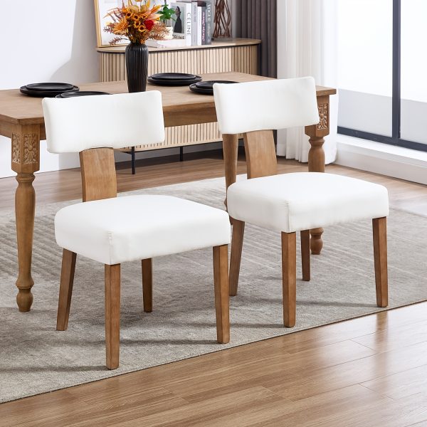 DMKAI Set Of 2 Farmhouse Rustic Dining Chairs - White Upholstered Low-Back Backrest, Natural Wood Frame with Hand-Carved Accents, Sturdy Tapered Legs for Dining Room & Kitchen