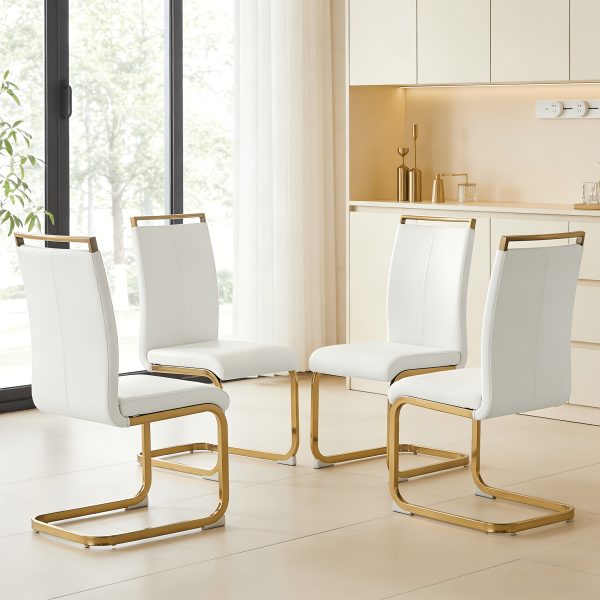 Modern Dining Chairs Set of 4, High Back White Kitchen Chairs, Faux Leather Side Chair with Gold Plated Metal Legs, Easy to Install Upholstered Dining Chairs, Ideal for Living Room, Easy to Install (Golden/Silver Leg) Local Warehouse