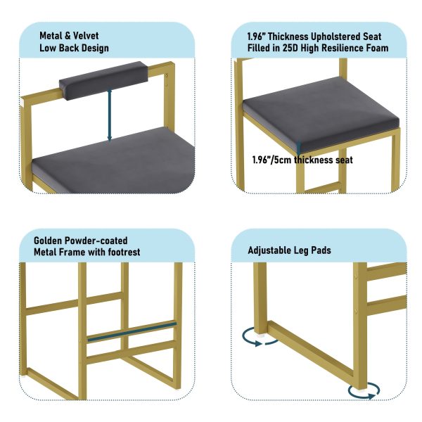 product-fancy-b906eb65-ee6f-4aaa-bc86-4b79b6e152a9 Set Of 2 Modern Oriental Style Bar Stools, Velvet Upholstered Counter Height Chairs with Backrest & Footrest, Golden Metal Frame Kitchen Island Dining Stools, Multi-Color & Multi-Finish New Asian Aesthetic