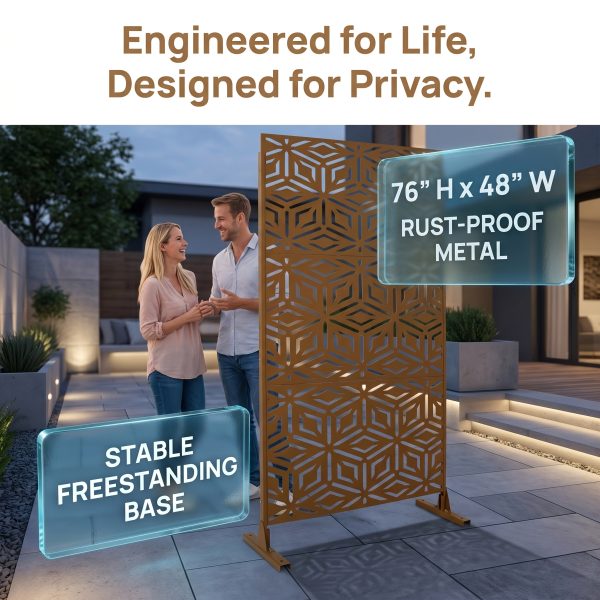 product-fancy-b923ec6c-b789-458c-b6d7-4b55a47c15cb Walnut Brown Metal Privacy Screen 76"X48" Freestanding, Premium Indoor Outdoor Decorative Fence Panel Divider for Deck Balcony Patio Backyard Lawn Garden Pool Yard Porch Front Yard Bedroom Living Room Office Studio Entryway Hallway Decorative Fence