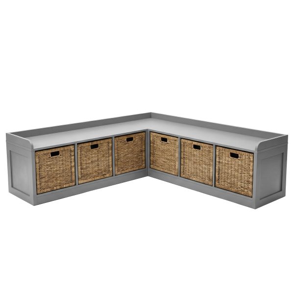 Modern L-Shaped Shoe Cabinet with 6 Rattan Drawers, Multi-Functional Wood Shoe Storage Cabinet with Storage Compartments, for Entryway And Living Room, Modern Design, Gray