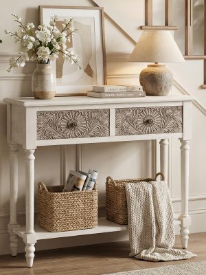Carved MDF Console Table with 2 Drawers, Sunflower Vintage End Entryway Table for Hallway, Living Room - Antique Style Sofa Table with Floral Engraving, Rustic Accent Furniture
