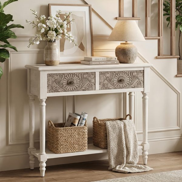 product-fancy-b933975b-3222-4a0d-a9e1-a678af218cda Carved MDF Console Table with 2 Drawers, Sunflower Vintage End Entryway Table for Hallway, Living Room - Antique Style Sofa Table with Floral Engraving, Rustic Accent Furniture