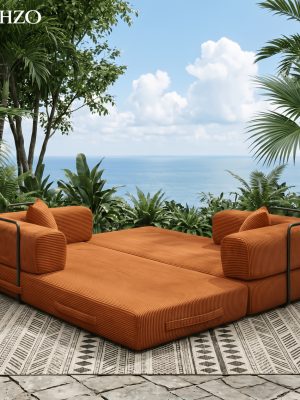 [Modular Sofa Bed] 107.8 Inch Corduroy Modular Sofa Bed - Convertible King Bed Suitable for Patio, Balcony & Beach House, No Assembly Required Outdoor Couch with Foam Frame, High-Density Foam Cushioning, Luxury for -Weather Living Room Furniture