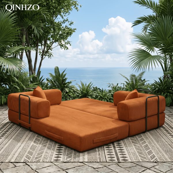 [Modular Sofa Bed] 107.8 Inch Corduroy Modular Sofa Bed - Convertible King Bed Suitable for Patio, Balcony & Beach House, No Assembly Required Outdoor Couch with Foam Frame, High-Density Foam Cushioning, Luxury for -Weather Living Room Furniture
