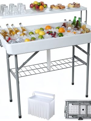 Double-Layer Cooler Table with Drain And Storage Rack, Portable Folding Ice Cooler Table with Matching Skirt for Picnic, Party, Outdoor Events, Camping, Wedding, 40.5 X 39.3 X 22.04 Inches