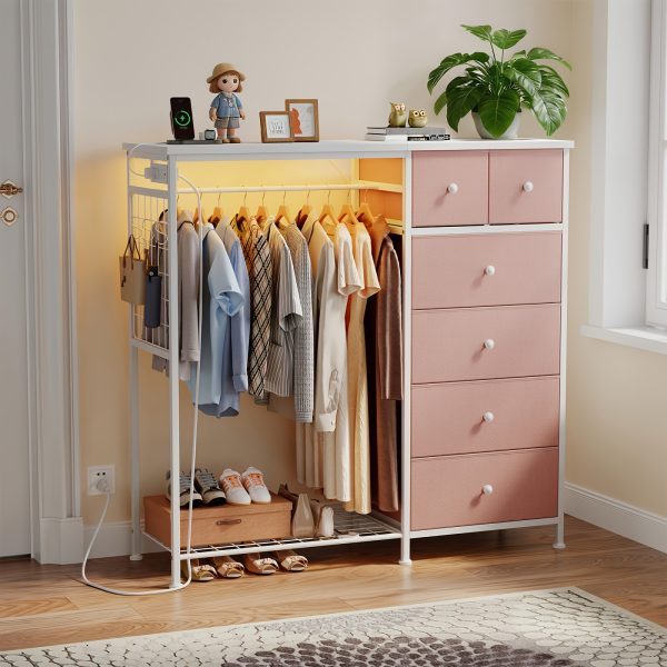 product-fancy-bab7a395-8132-4311-912c-7ab3c530727f Dresser with LED Lights And Charging Station for Bedroom - 6-Drawer Fabric Storage Dresser with Hanging Rack, Sturdy Wooden Top, Stable Anti-Tip Design, Perfect for Modern Homes & Apartments