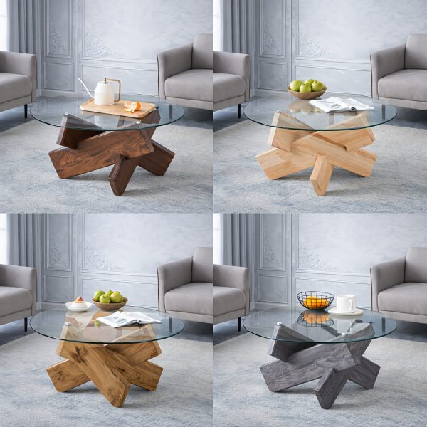 product-fancy-babb518e-74db-4cf7-b919-b484237895ab Modern Round Glass Coffee Table 33.4", Clear Tempered Glass Top with White Patterned MDF Legs, Stable Load Bearing 130 Lbs, Unique Contemporary Center Table for Living Room, Dining Room, Apartment, Easy Assembly In 10-15 Minutes.