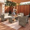 4pcs Outdoor Seating Arrangement, Durable Grey Rattan Garden Furniture Collection, Wicker Sofa with Chairs And Coffee Table, High-Back Rattan Loveseat with Comfortable Cushions for Patio, Available in 3 Fabric Color Choices