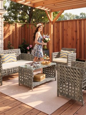 4pcs Outdoor Seating Arrangement, Durable Grey Rattan Garden Furniture Collection, Wicker Sofa with Chairs And Coffee Table, High-Back Rattan Loveseat with Comfortable Cushions for Patio, Available in 3 Fabric Color Choices