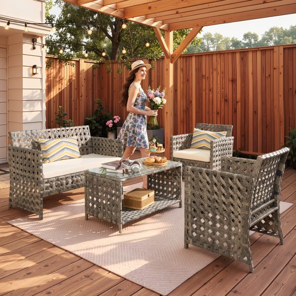 4pcs Outdoor Seating Arrangement, Durable Grey Rattan Garden Furniture Collection, Wicker Sofa with Chairs And Coffee Table, High-Back Rattan Loveseat with Comfortable Cushions for Patio, Available in 3 Fabric Color Choices