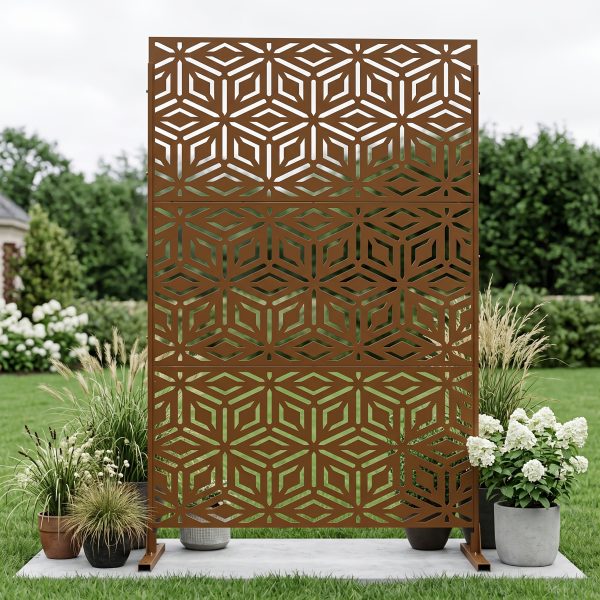 product-fancy-bbb375b3-0bd1-45ce-b6e5-269af7370047 Walnut Brown Metal Privacy Screen 76"X48" Freestanding, Premium Indoor Outdoor Decorative Fence Panel Divider for Deck Balcony Patio Backyard Lawn Garden Pool Yard Porch Front Yard Bedroom Living Room Office Studio Entryway Hallway Decorative Fence