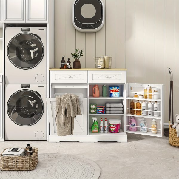 Wood Kitchen Pantry Island with Tilt-Out Trash Cabinet & Laundry Hamper - Adjustable Shelf Suitable for for, Suitable for Small Spaces, Hidden with Drawers, Tilt-Out Basket System, Space-Saving