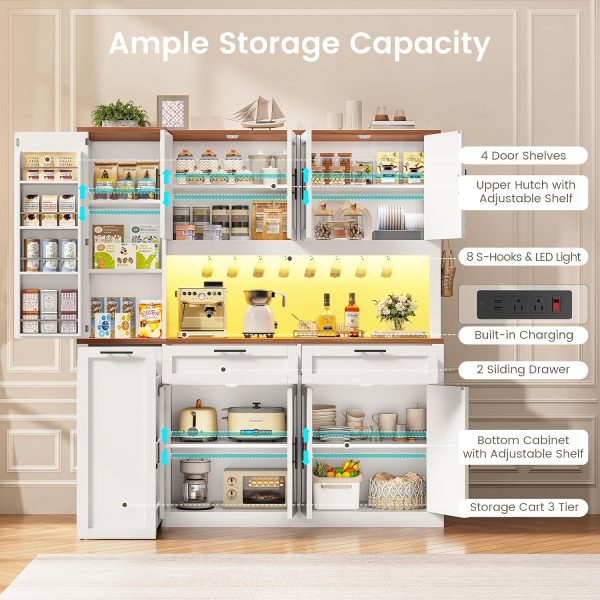 product-fancy-bd1f468b-18a6-4f8a-ab42-8b3f1a12f477 71 Inch Kitchen Pantry Cabinet with LED Lights And Charging Station, 59 Inch Wide Wooden Storage Cabinet with 2 Drawers, 8 Doors, 3-Tier Storage Cart, And 4 Door Shelves, Pantry Storage Cabinet with Microwave Stand for Dining Room, Black, White