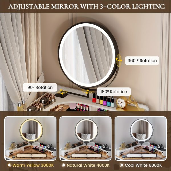 product-fancy-bd2f3ae3-c72d-4727-805c-67d0a47568c0 Dystler Corner Vanity With Mirror And Lights, Modern Makeup Vanity Set With Charging Station For Bedroom/Cloakroom, Glass Top Vanity Table With Drawers And Shelves, White