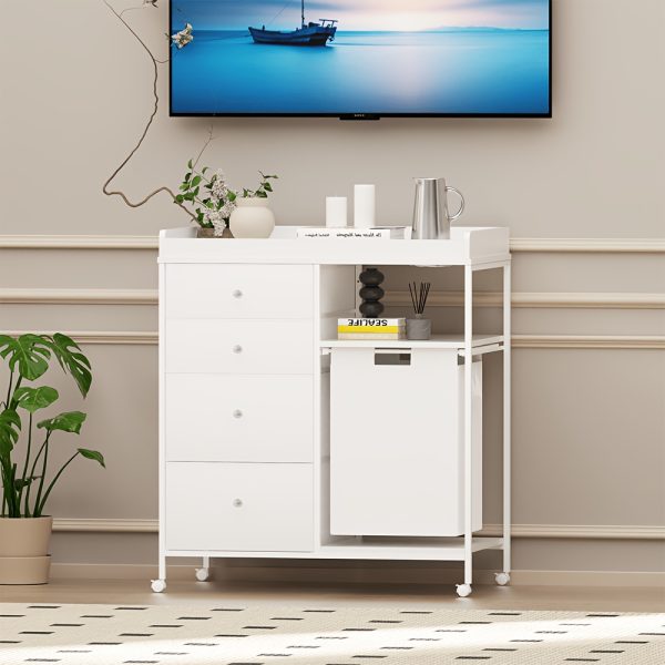 product-fancy-bd3c3e5d-30dd-4084-8e05-9f61e199cecc Baby Changing Dresser, 4-Drawer Baby Dresser with Changing Table Top, Diaper Changing Station & Pad, 2 Open Storage Shelves, Mobile Nursery Organizer, White