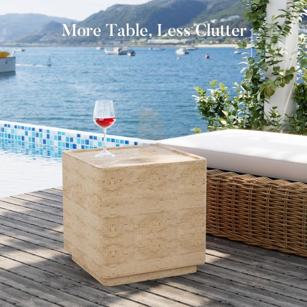product-fancy-bd71e8bc-a33e-44bb-8d3f-a10c8eacd962 14" Travertine Magnesium Oxide Side Table, Desert Sand Finish Available In Square Or Round - Natural Stone Accent End Table for Living Room, Bedroom, Balcony