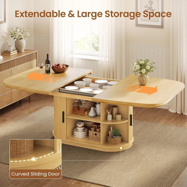47''-63'' Extendable Dining Table Suitable for 4-8 People, Expandable Modern Fluted Kitchen Table with 2-Tier Storage Shelf, Space-Saving Folding Table for Small Apartments, Folding Mechanism & Natural Wood, Assembly Required