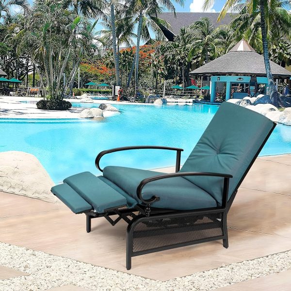 Patio Adjustable Lounge Chair, Waterproof Metal Chaise Longue With Blue Cushions, Perfect For Porch, Backyard, Pool Or Garden
