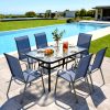product-fancy-bd8f6ddc-25b1-4e3a-a77e-b820cbc65957 7pcs Outdoor Dining Table and Chairs for 6 People - Textilene Stackable Patio Furniture with Glass Table & Umbrella Hole Base Suitable for Deck, Poolside,, Backyard - Umbrella Not Included