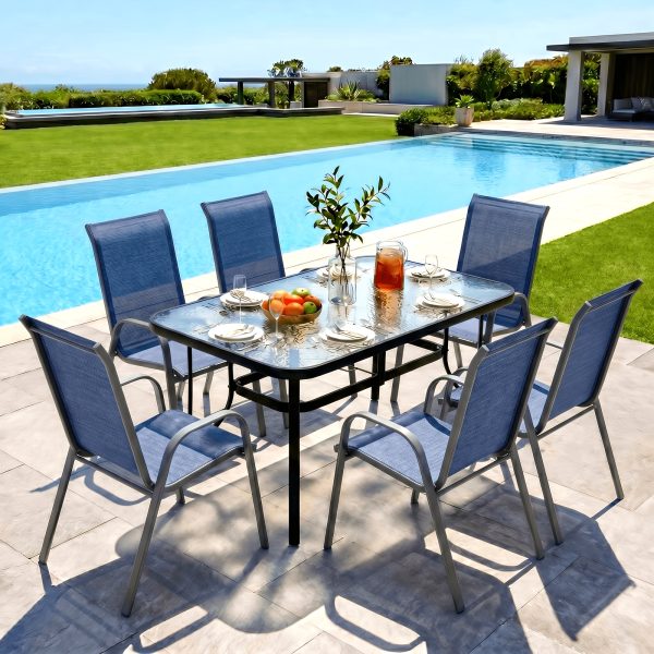 product-fancy-bd8f6ddc-25b1-4e3a-a77e-b820cbc65957 7pcs Outdoor Dining Table and Chairs for 6 People - Textilene Stackable Patio Furniture with Glass Table & Umbrella Hole Base Suitable for Deck, Poolside,, Backyard - Umbrella Not Included