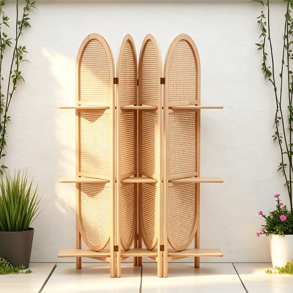 product-fancy-bd93aefc-a566-4231-b69b-85db2cc39464 Four-Panel Wooden Room Divider, Collapsible with a Hand-Woven Rattan Privacy Screen - Room Partitions Featuring Three Display Shelves, Ideal for Home, Office, Study, Or Art Exhibitions