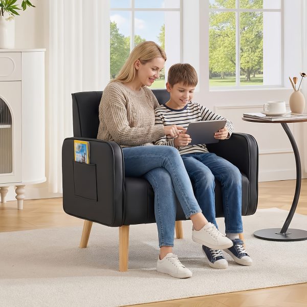product-fancy-bd9ed411-f708-42a6-b560-47ff5bd7d69b Armchair, Faux Leather Decorative Chair, Mid-Century Modern Tufted Lounge Chair with Wooden Legs And Pockets, Comfortable Kids' Chair, Reading Chair for Living Room, Waiting Room, Bedroom, Room, Cozy Reception Armchair