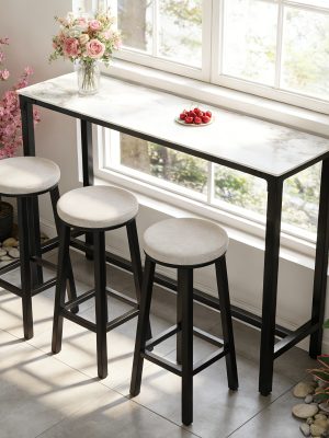 AESOME Counter Height Table Rectangle Sintered Stone Tabletop 47.2in Narrow Long Kitchen Dining Table 41.4in High Top Table Living Room Furniture, Sturdy Metal Frame