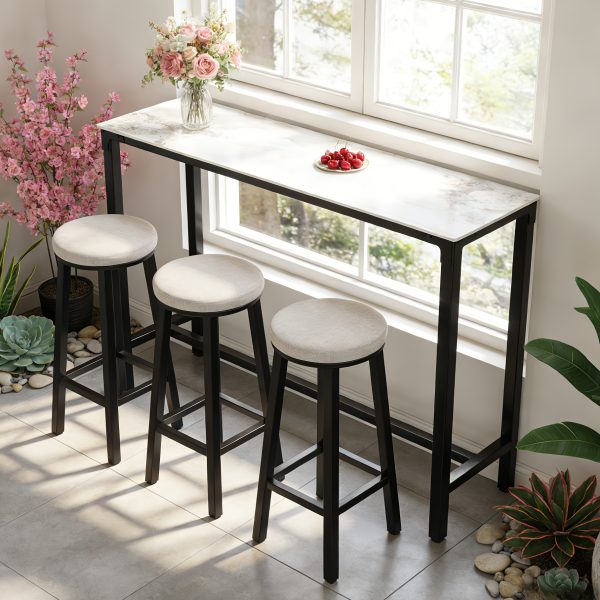 AESOME Counter Height Table Rectangle Sintered Stone Tabletop 47.2in Narrow Long Kitchen Dining Table 41.4in High Top Table Living Room Furniture, Sturdy Metal Frame