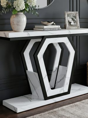 47.3" Modern Console Table with White Marble Texture, Narrow Sofa Table for Entryway & Hallway, Slim Behind Couch Table with Openwork Bracket, Foyer Table for Living Room, Easy Assembly