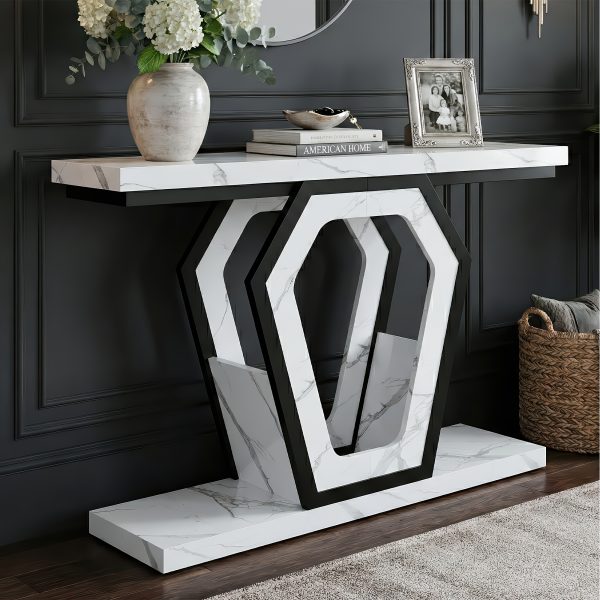 product-fancy-bdc518f4-e00f-47ef-a4ac-25dfa6408f27 47.3" Modern Console Table with White Marble Texture, Narrow Sofa Table for Entryway & Hallway, Slim Behind Couch Table with Openwork Bracket, Foyer Table for Living Room, Easy Assembly