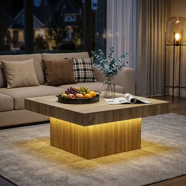 product-fancy-bdee6e4b-b2fe-4869-8cde-4e6851fb69cd Modern Luxury Low-Profile Square Coffee Table with LED Lights - Space-Saving Faux Marble Top & Engineered Wood Base Suitable for Small Spaces, Compact Living Room Center Table, Assembly, Black/Brown