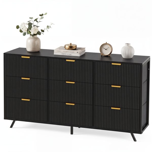 Bedroom Dresser with 9 Drawers, 57" Wide Modern Chest of Drawers, Wooden Dresser TV Stand, Wood Closet Clothes Storage Organizer for Living Room, Hallway, Natural Oak