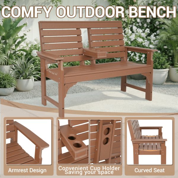 Patio Bench Designed for Two, Featuring Cup Holders And Made from HDPE, Ideal for Gardens And Porches, with Resistance to Fading And Rotting