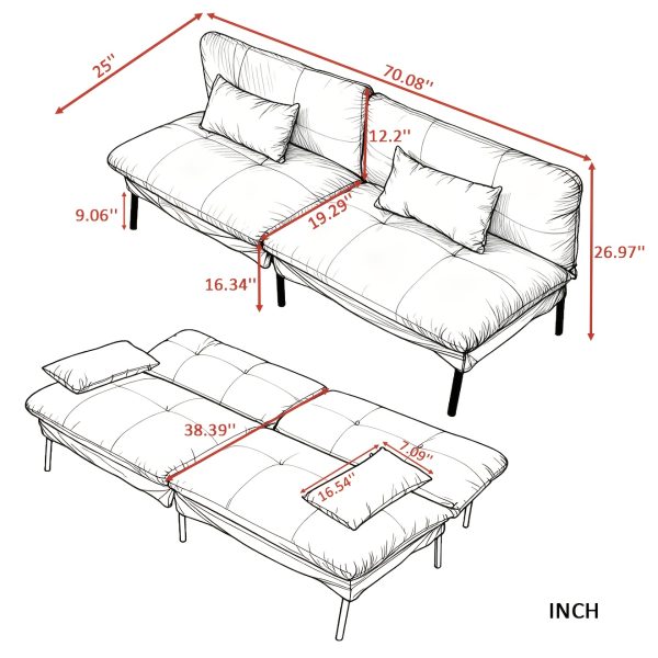 product-fancy-beebc273-c3a3-4168-bd5d-fb70c01814f4 70" Futon Sofa Bed Convertible Sleeper | Velvet Upholstered Modern Split-Back Sofa with 5 Adjustable Positions, Metal Frame & Tapered Legs, Space-Saving for Home/Office/Guest Room, Easy Conversion