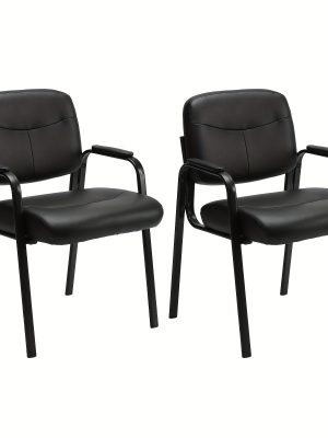Waiting Room Chairs - 2pack - No Wheels - Leather Guest Chair With Padded Arm - Office Reception - Guest Chair - Conference Room - Lobby Table Side - Salon Home - Black