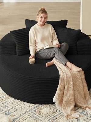 55" Oversized Round Lounge Chair, Fabric Corduroy Deep Seat Cloud Sofa Chair, No Assembly Required | Upholstered Comfort Reading Recliner for Living Room, Bedroom, And Movie Viewing Room.