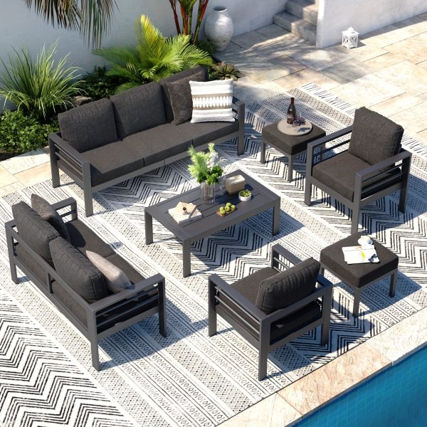 product-fancy-bef2efb7-d4aa-4873-a095-a0ad21a9deb0 YODOLLA Aluminum Outdoor Furniture Collection, Contemporary Patio Set Including Coffee Table, 7pcs Conversation Set with Cushions for Balcony, Porch, And Lawn