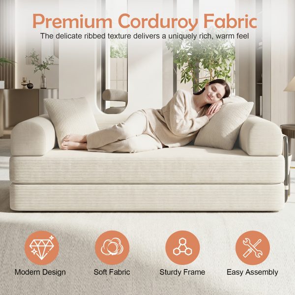 78-inch Modern Corduroy Sofa Bed with High-Density Foam - Convertible Sleeper Suitable for Guest Room, Home Office, Dorm, Space-Saving Folding Bed, Assembly, Corduroy Upholstery for Small Apartments & Multifunctional Furniture