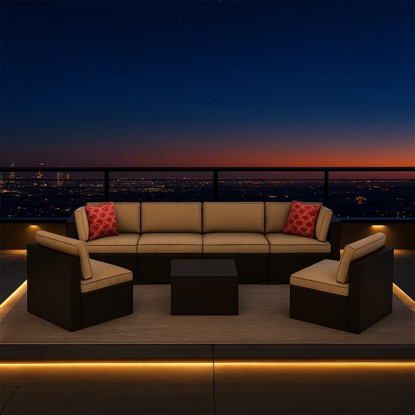 product-fancy-bf0fd544-b31f-4a59-9ddf-60fc7a2b759c Outdoor Patio Furniture Set, 7pcs Wicker Sectional Sofa And Coffee Table, Plush Cushions With 2 Soft Pillows, Rattan Patio Set For Porch, Garden, Or Backyard (Beige/Blue) - Patio Furniture Outdoor