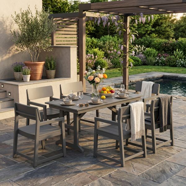 5- And 7pcs Patio Dining Set, Outdoor Table And Chairs, All Weather Furniture with Umbrella Hole for Backyard Garden Deck Lawn Pool