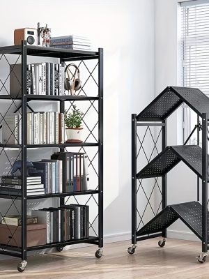 Office Bookshelf Shelving Unit, 3/4/5-Tier Unassembled Storage Rack, Equipped with Wheeled Multi-Layer Storage Shelves, Portable Floor-Standing Versatile Miscellaneous Storage Rack