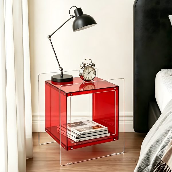 AESOME Modern Clear Acrylic Nightstand with Open Shelf - Portable Bedside Table Suitable for Small Spaces, Multicolor Contemporary Shelf Unit, Assembly Bedside Storage for Bedroom, Bathroom, Office, Living Room, Non-Wood