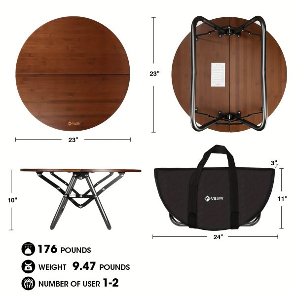 VILLEY Bamboo Round Folding Table, Camping Half-Fold Portable Table with Carrying Bag for Indoor And Outdoor Picnic Coffee Barbecue Beach Card Game