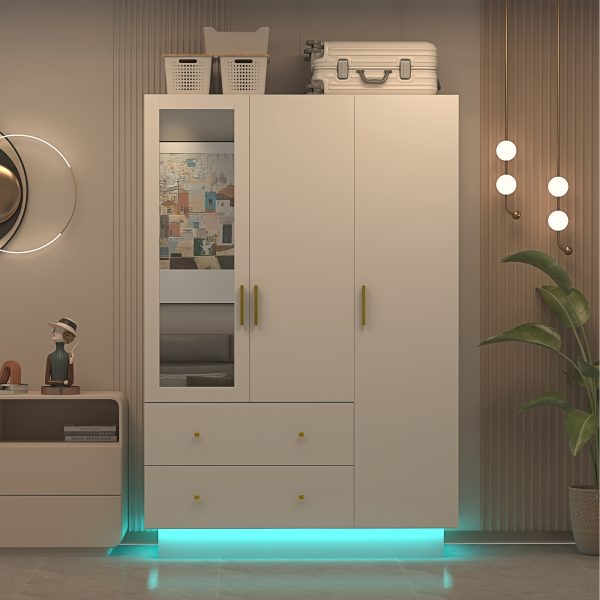 product-fancy-c063ffaa-6f1d-45e8-bc32-fa6b5bbda4f5 3 Doors Armoire Wardrobe Closet with Mirror, LED Armoire with Doors And Drawers, Wooden Armoire Storage Cabinet with Hanging Rod, Adjustable Shelves